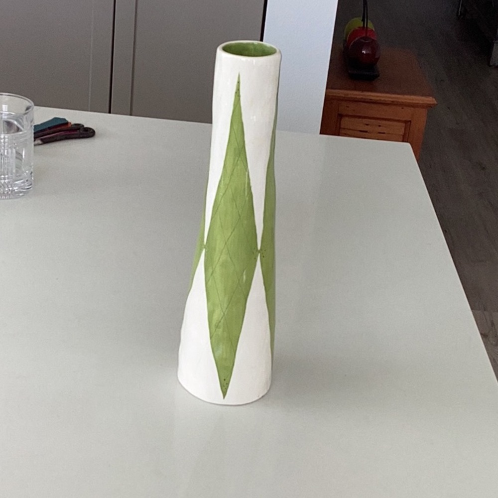 12 inch tall pottery vase in green and white